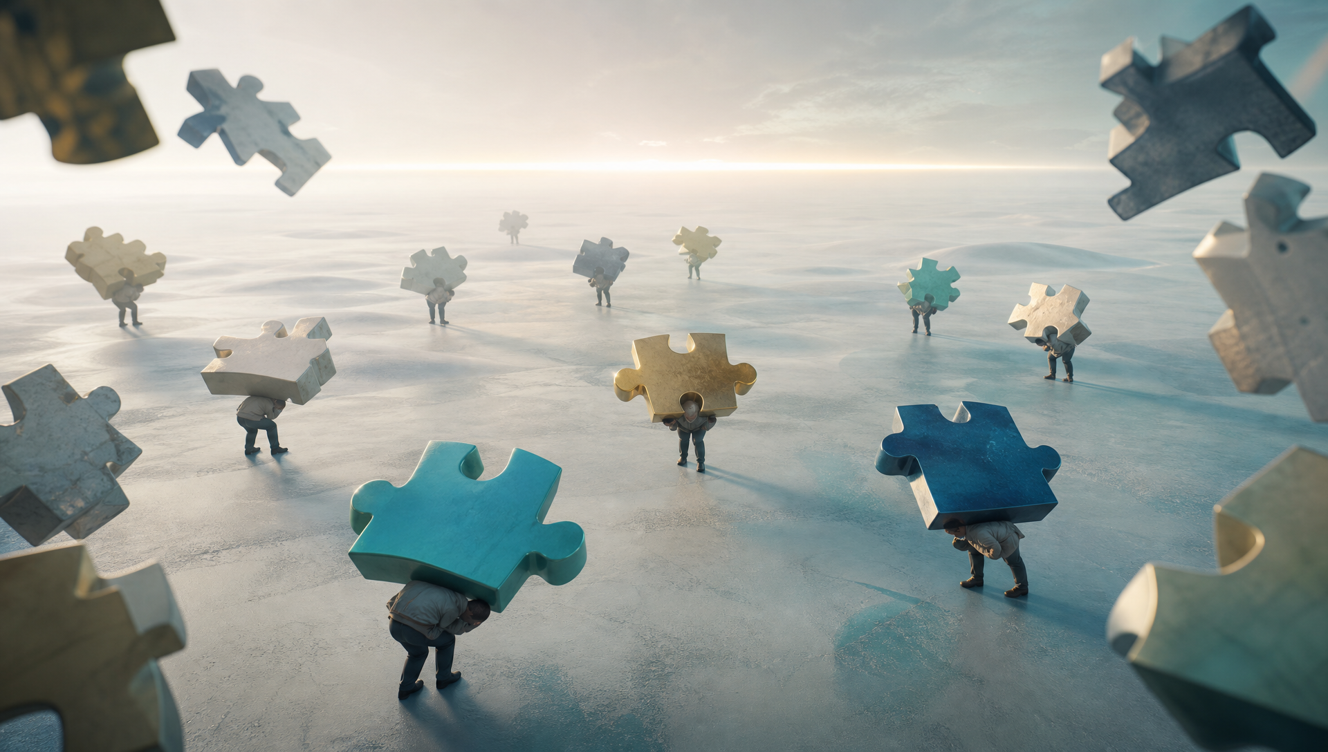 Conceptual illustration: people carrying large, disconnected puzzle pieces across a flat landscape toward a distant horizon, representing an enterprise fragmented by disconnected capabilities