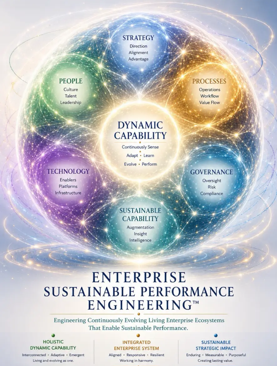 Enterprise Sustainable Performance Engineering conceptual model: strategy, people, processes, technology, governance, and organizational capability interconnected as one complete living enterprise ecosystem around a dynamic capability core.